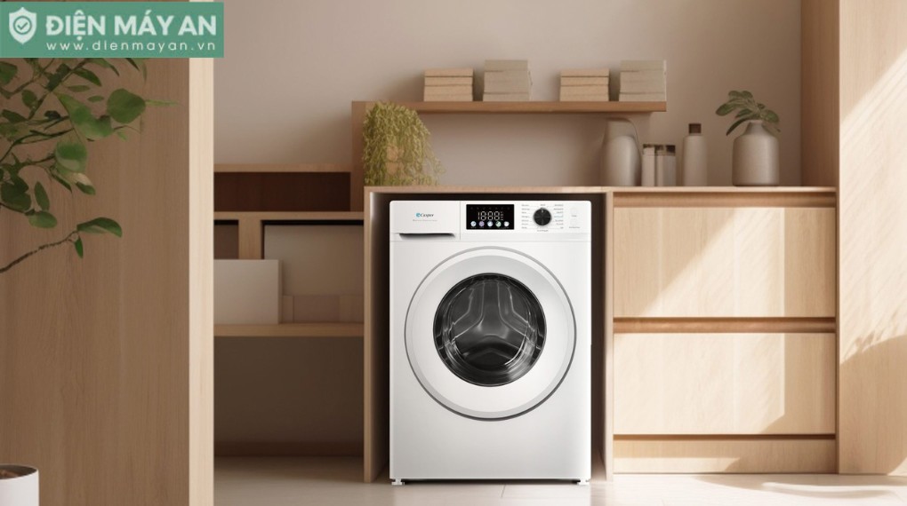 Máy giặt cửa trước Casper màu trắng lắp âm tủ gỗ trong không gian phòng giặt hiện đại